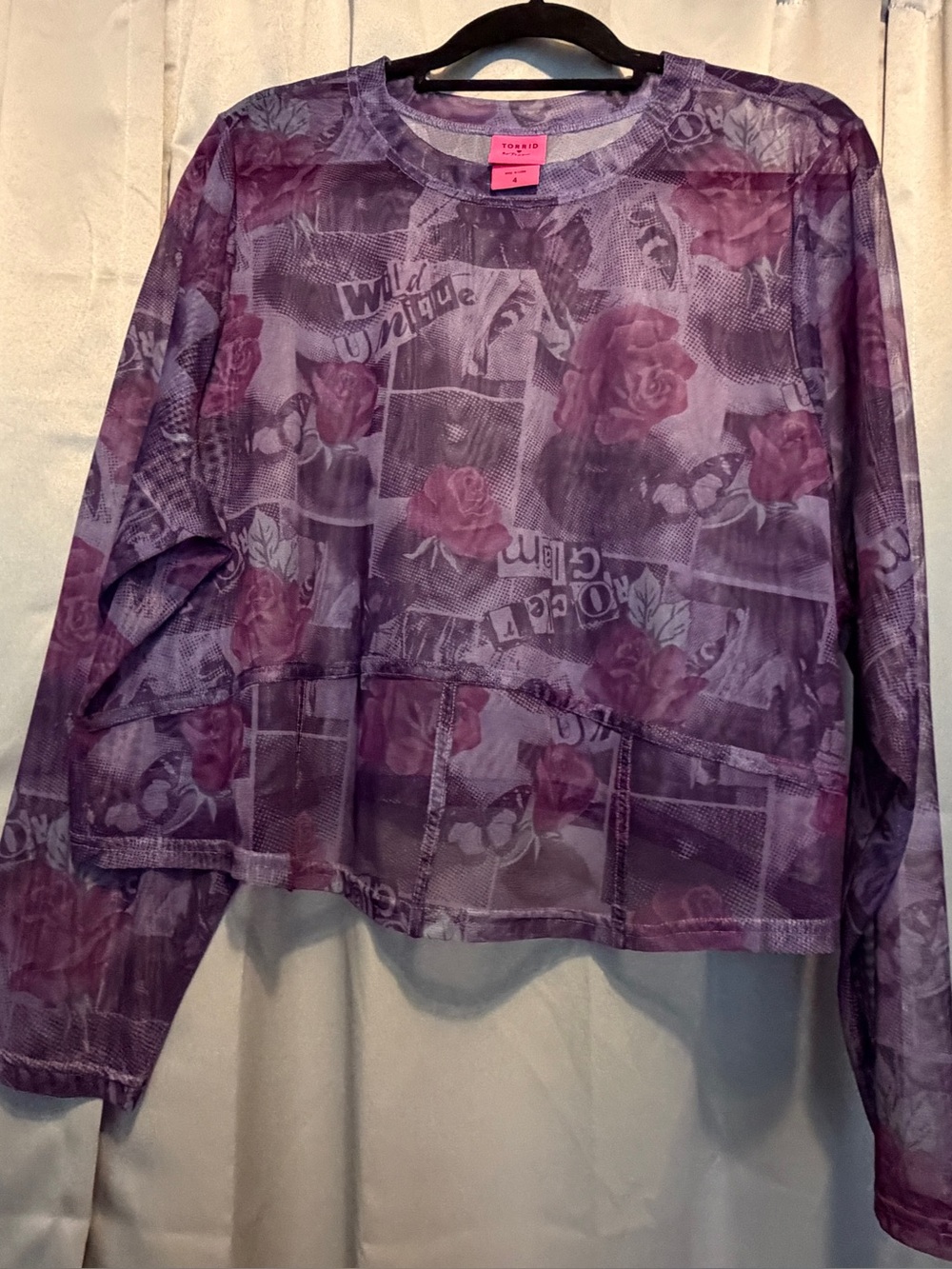Torrid x Betsy Johnson Purple Printed Mesh Cropped Long-Sleeve Top - NWOT